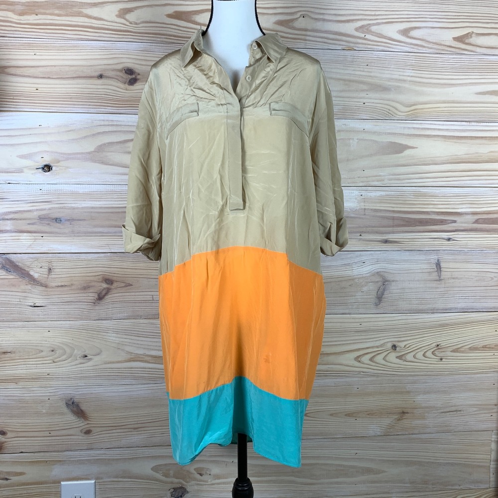 Ali Ro Shirt Dress Womens 8 Tan Orange Silk Colorblock Relaxed Luxe Resort Shift